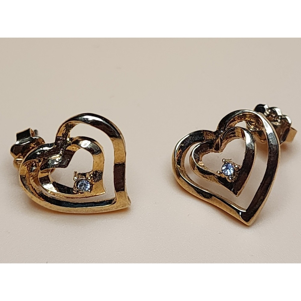 Vtg‎ 1980s SHA Signed Earrings 14k Gold Pl Double Heart Crystal Chip Avon